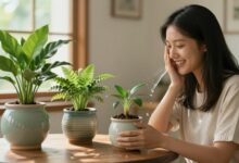 Uma pessoa sorrindo enquanto borrifa água em uma coleção de plantas de interior exuberantes e saudáveis em vasos de cerâmica, com a luz do sol entrando pela janela.