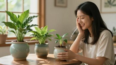 Uma pessoa sorrindo enquanto borrifa água em uma coleção de plantas de interior exuberantes e saudáveis em vasos de cerâmica, com a luz do sol entrando pela janela.