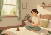 Uma ilustração elegante e serena representando um momento de pausa produtiva, com uma pessoa em um ambiente calmo e inspirador