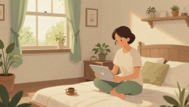 Uma ilustração elegante e serena representando um momento de pausa produtiva, com uma pessoa em um ambiente calmo e inspirador