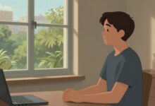 Uma ilustração conceitual de uma pessoa sentada em um ambiente minimalista, respirando profundamente enquanto olha para uma janela com uma paisagem urbana serena, simbolizando a busca por equilíbrio e paz mental na era moderna.