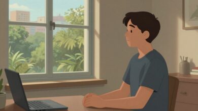 Uma ilustração conceitual de uma pessoa sentada em um ambiente minimalista, respirando profundamente enquanto olha para uma janela com uma paisagem urbana serena, simbolizando a busca por equilíbrio e paz mental na era moderna.
