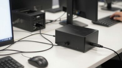 Um setup de escritório limpo e organizado com cabos eletrônicos cuidadosamente dispostos e escondidos, refletindo um ambiente de trabalho profissional e minimalista.