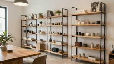Uma sala de estar moderna e organizada com luz natural, prateleiras limpas com decoração minimalista e um ambiente harmonioso e convidativo.