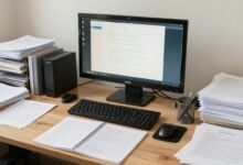 Un escritorio de oficina con carpetas organizadas, documentos debidamente archivados y tecnología digital, que simbolizan el éxito y la organización personal.