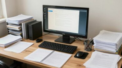 Uma mesa de escritório com pastas organizadas, papéis devidamente arquivados e tecnologia digital, simbolizando sucesso e organização pessoal.