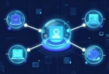 Uma ilustração digital conceitual representando uma rede de diversos agentes virtuais brilhando em tons de azul e roxo, conectados por linhas de dados em um ambiente cibernético complexo.
