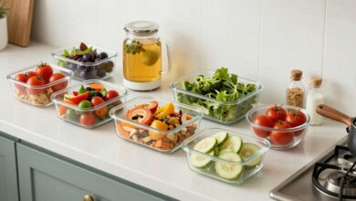 Uma imagem organizada e vibrante de uma cozinha com recipientes de vidro contendo refeições preparadas, legumes frescos e ingredientes variados dispostos de forma equilibrada em uma bancada.