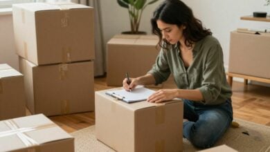 Pessoa organizando caixas etiquetadas durante uma mudança residencial, com ambiente claro, materiais de embalagem e clima de planejamento tranquilo