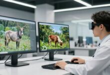 Composição tecnológica mostrando inteligência artificial analisando imagens em aplicações médicas, industriais, agrícolas e de realidade aumentada