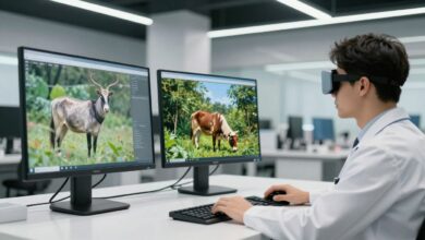 Composição tecnológica mostrando inteligência artificial analisando imagens em aplicações médicas, industriais, agrícolas e de realidade aumentada