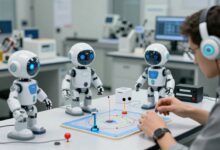 Oito robôs humanoides futuristas em um laboratório tecnológico, mostrando diferentes capacidades de mobilidade, manipulação e interação com seres humanos