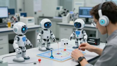Oito robôs humanoides futuristas em um laboratório tecnológico, mostrando diferentes capacidades de mobilidade, manipulação e interação com seres humanos