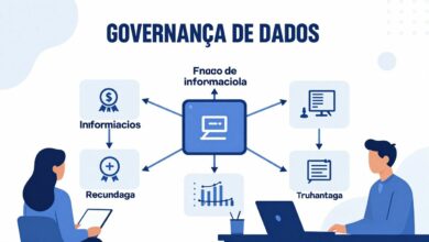 Ilustração profissional sobre governança de dados, mostrando fluxos de informações organizados, segurança digital, pessoas analisando gráficos e uma estrutura corporativa moderna