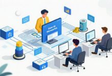 Ilustração tecnológica de uma arquitetura de microsserviços com serviços independentes conectados por APIs, representando escalabilidade, resiliência e desenvolvimento de software