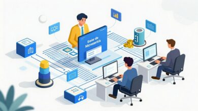 Ilustração tecnológica de uma arquitetura de microsserviços com serviços independentes conectados por APIs, representando escalabilidade, resiliência e desenvolvimento de software