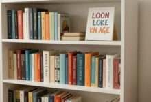Estante doméstica organizada com livros separados por gêneros, cores e tamanhos em um ambiente acolhedor