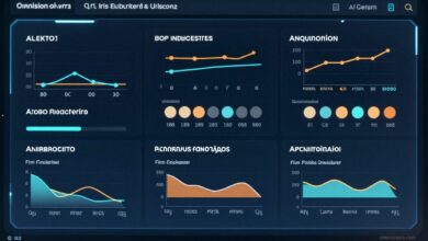 Painel moderno de análise de dados mostrando gráficos, alertas e padrões anômalos em setores financeiro, industrial e de cibersegurança