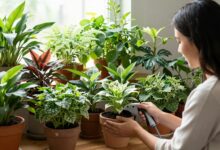 Pessoa regando uma variedade de plantas saudáveis em vasos dentro de um ambiente iluminado e acolhedor