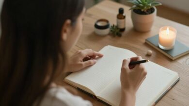 Pessoa sentada em um ambiente tranquilo praticando autocuidado emocional, com luz natural, diário e elementos de bem-estar ao redor