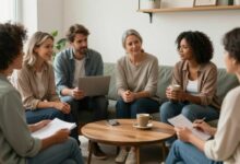 Grupo diverso de adultos conversando com naturalidade em um café acolhedor, representando a criação de novos vínculos e amizades maduras
