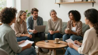 Grupo diverso de adultos conversando com naturalidade em um café acolhedor, representando a criação de novos vínculos e amizades maduras