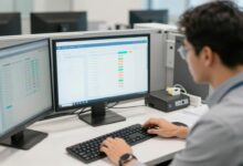 Profissional analisando um fluxo de trabalho automatizado em um painel digital, com etapas conectadas e indicadores de produtividade