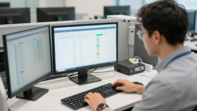 Profissional analisando um fluxo de trabalho automatizado em um painel digital, com etapas conectadas e indicadores de produtividade
