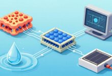 Ilustração científica de nanopartículas coloridas interagindo com células, circuitos eletrônicos, uma gota de água e painéis solares, representando aplicações da nanotecnologia em saúde, energia e meio ambiente.