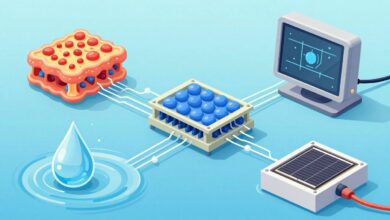 Ilustração científica de nanopartículas coloridas interagindo com células, circuitos eletrônicos, uma gota de água e painéis solares, representando aplicações da nanotecnologia em saúde, energia e meio ambiente.