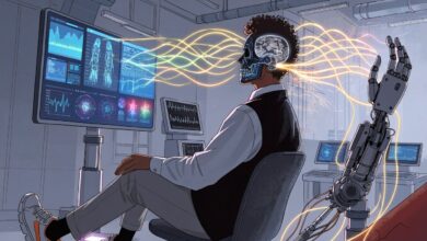 Ilustração conceitual de uma pessoa usando uma interface neural digital, com sinais cerebrais representados por linhas luminosas conectando sensores a uma tela e a uma prótese robótica em um ambiente clínico moderno.