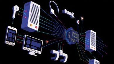 Ilustração de uma rede digital de baixa latência conectando dispositivos, servidores e equipamentos em tempo real por meio de linhas luminosas.