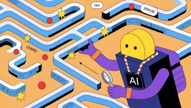 Ilustração conceitual de um agente de inteligência artificial aprendendo a navegar por um labirinto digital por meio de recompensas e tentativas.